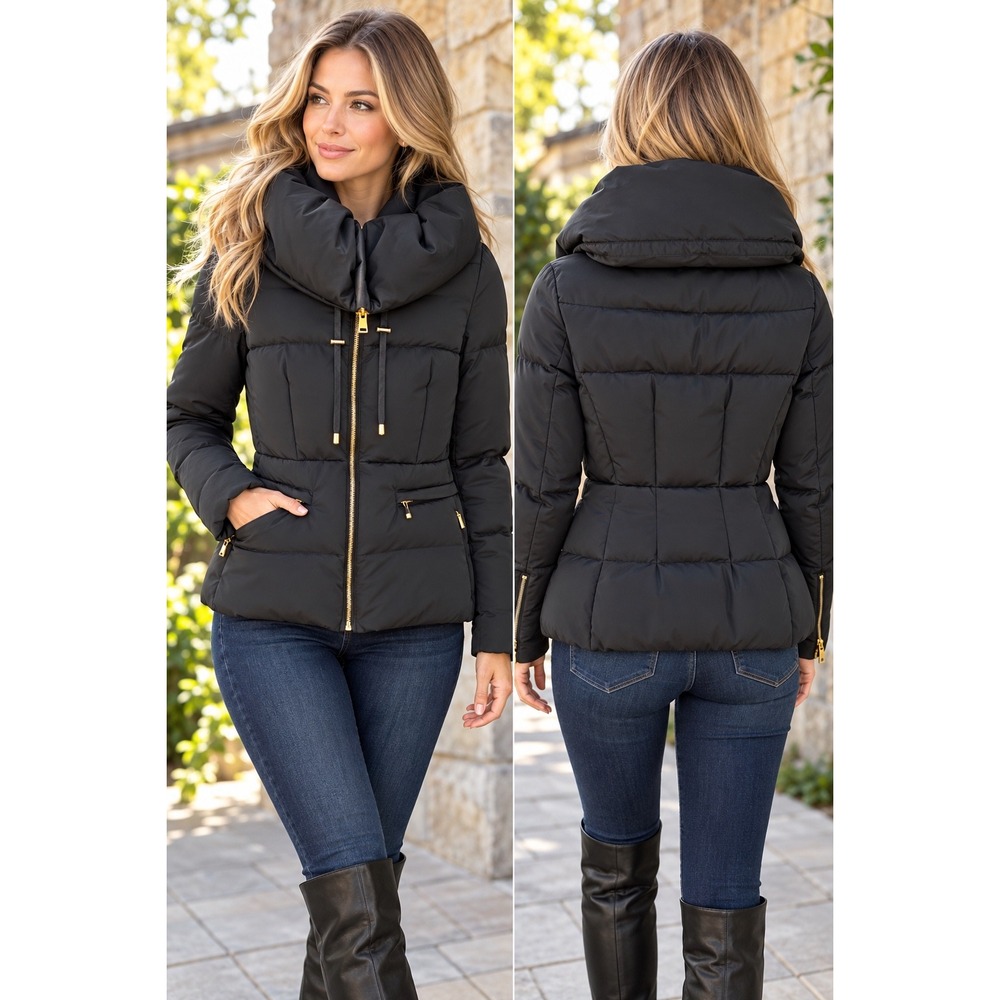 Zara Woman Down Puffer Jacket Women's M Black Oversized Collar Gold Zip